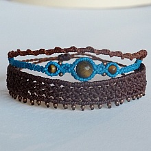 Bracelet multi-rangs 3 en 1 marron et bleu turquoise en micro-macram&eacute;